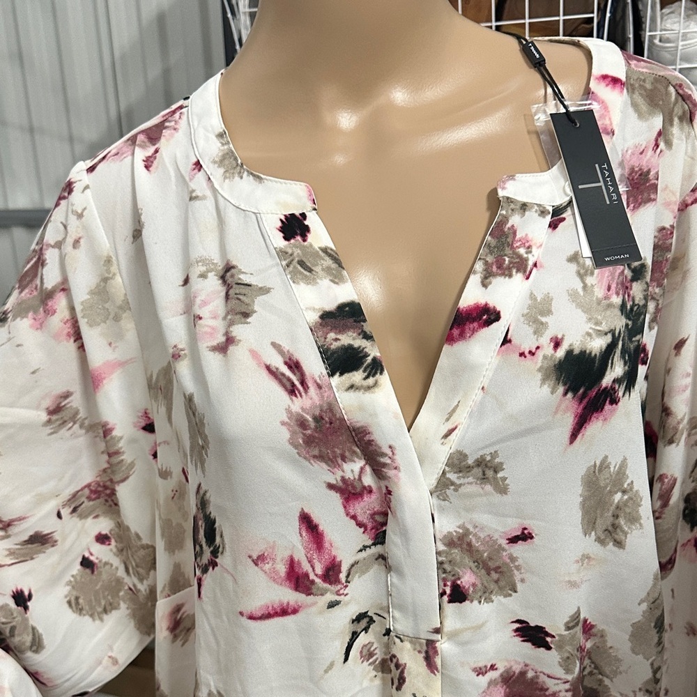 Tahari White Floral Blouse with Pink and Taupe Accents - Picture 2 of 7